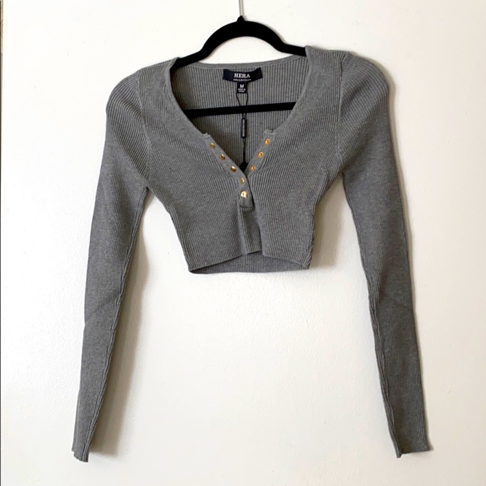Long-sleeved Gray Sweater Crop Top